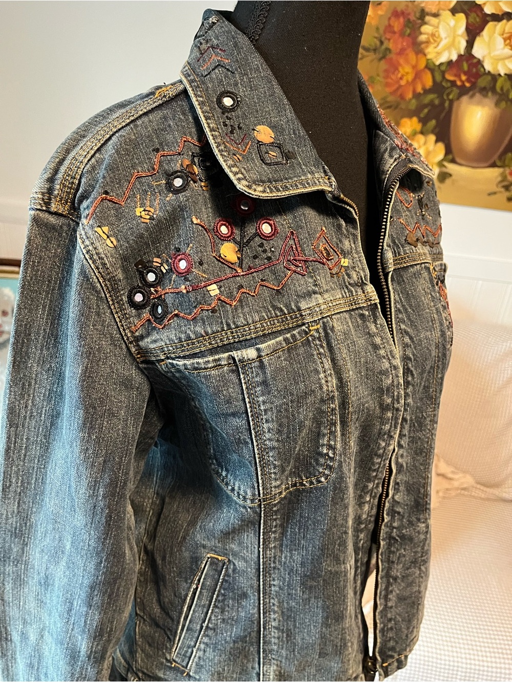 Chicos Embellished Dark Denim Y2K Vintage Jean Jacket M - Picture 6 of 10